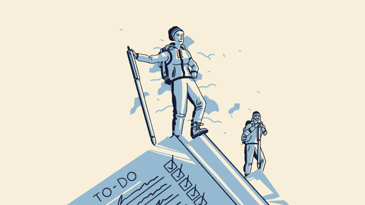 Illustration of a person on top of a checklist that looks like a mountain. The person is outlined in blue and has a walking stick and backpack.